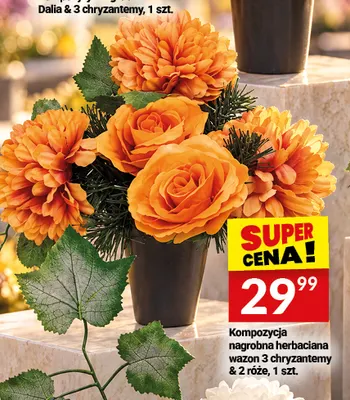 Kompozycja nagrobna herbaciana wazon 3 chryzantemy & 2 róże promocja w Twój Market