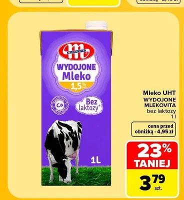 Mleko UHT Wydojone Mlekovita bez laktozy 1,5% promocja w Carrefour