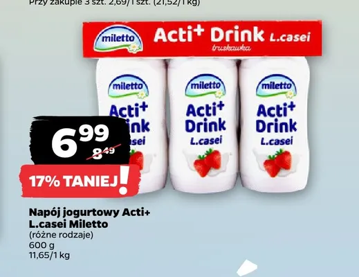 Napój jogurtowy Acti+ L.casei Miletto promocja w Netto