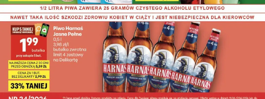 Piwo Harnaś Jasne Pełne promocja w Delikatesy Centrum
