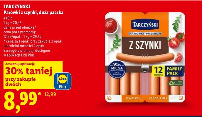 Parówki z szynki duża paczka Tarczyński promocja w Lidl