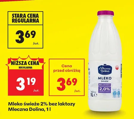 Mleko świeże 2% bez laktozy Mleczna Dolina promocja w Biedronka