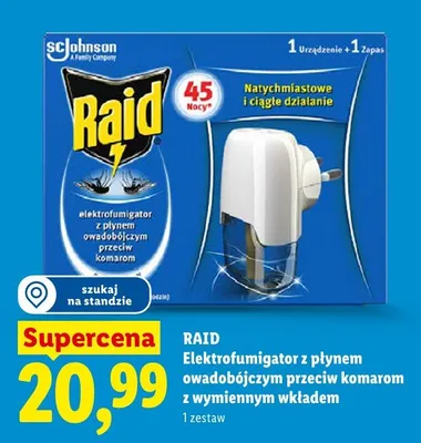 Elektrofumigator z płynem owadobójczym przeciw komarom z wymiennym wkładem Raid promocja w Lidl