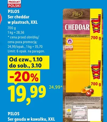 Ser cheddar w plastrach XXL Pilos promocja w Lidl