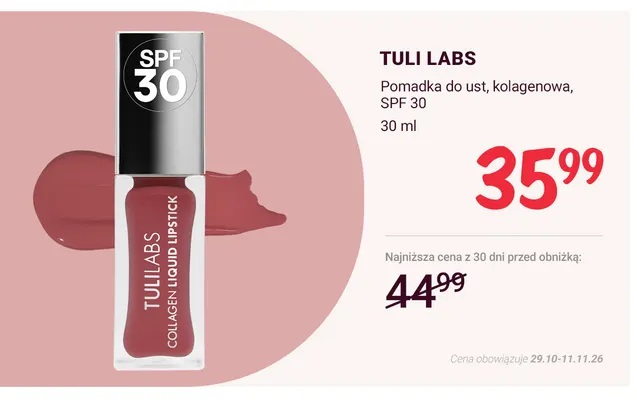 Pomadka do ust kolagenowa SPF 30 Tuli Labs promocja w Rossmann