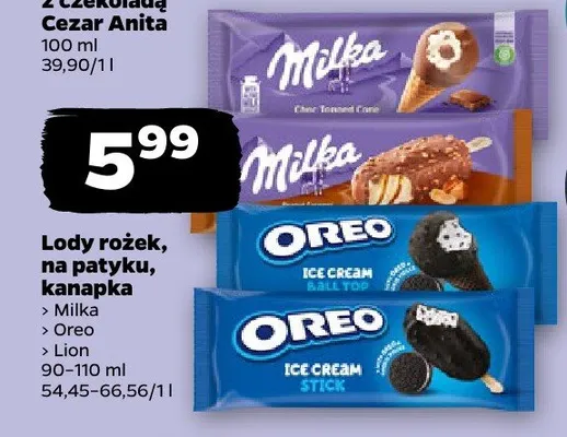 Lody rożek, na patyku, w kubku Milka, Oreo, Lion promocja w Netto
