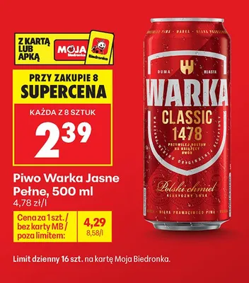 Piwo Warka Jasne Pełne promocja w Biedronka