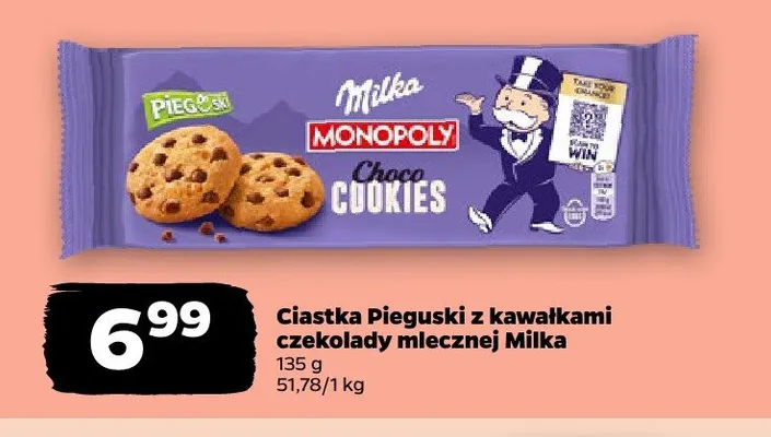Ciastka Pieguski z kawałkami czekolady mlecznej Milka promocja w Netto