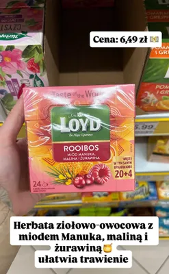 Herbata rooibos miód manuka, malina i żurawina promocja w Dino