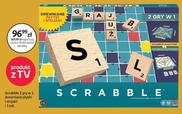 Gra planszowa Scrabble 2 gry w 1 drewniane płytki i stojaki promocja w Empik