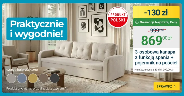 3-osobowa kanapa z funkcją spania i pojemnikiem na pościel promocja w ERLI