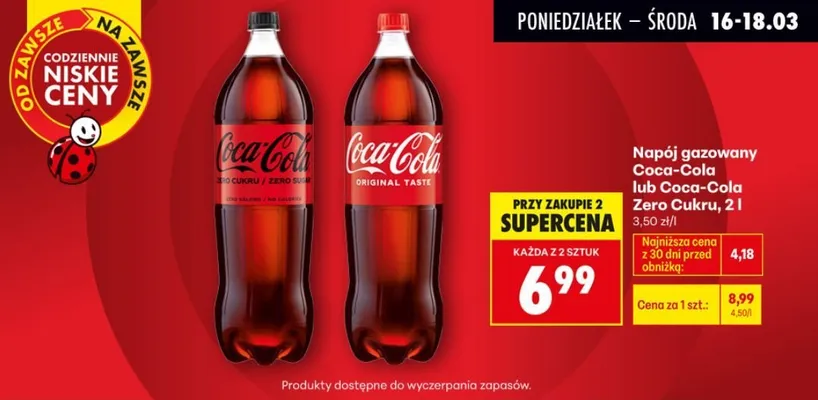 Napój gazowany Coca-Cola lub Coca-Cola Zero Cukru 2 l promocja w Biedronka