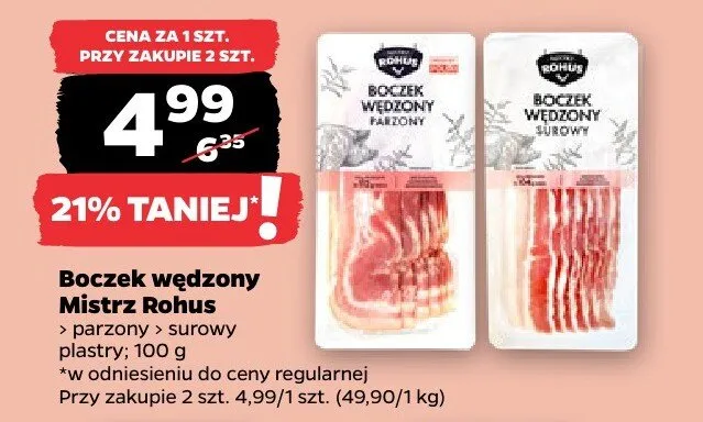 Boczek wędzony Mistrz Rohus > parzony > surowy plastry promocja w Netto