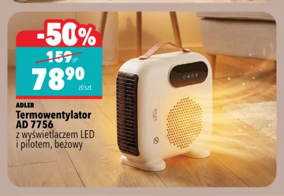 Termowentylator Ad 7756 z wyświetlaczem LED i pilotem beżowy Adler promocja w Biedronka Home
