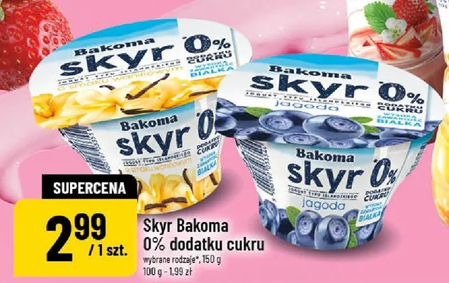 Jogurt typu islandzkiego Skyr Bakoma 0% jagodowy promocja w POLOmarket