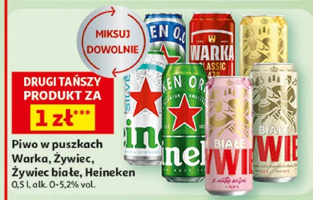 Piwo w puszkach Warka, Żywiec, Żywiec Białe, Heineken promocja w Auchan