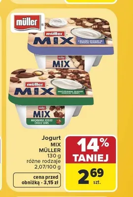 Jogurt Mix z waflami czekoladowymi Müller promocja w Carrefour