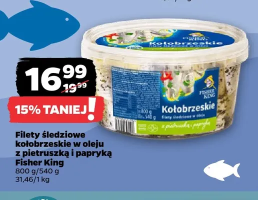 Filety śledziowe kołobrzeskie w oleju z pietruszką i papryką Fisher King promocja w Netto