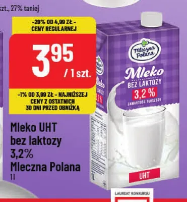Mleko UHT bez laktozy Mleczna Polana 3,2% promocja w POLOmarket