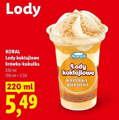 Lody koktajlowe krówka-kukułka Koral promocja w Lidl