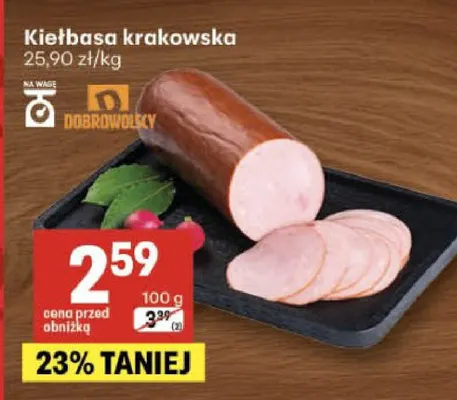 Kiełbasa krakowska Dobrowolscy promocja w Delikatesy Centrum