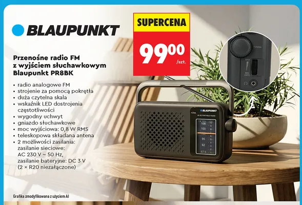Przenośne radio Fm z wyjściem słuchawkowym Blaupunkt PR8BK promocja w Biedronka