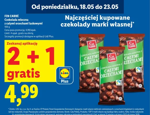 Czekolada mleczna z całymi orzechami laskowymi FIN CARRÉ promocja w Lidl