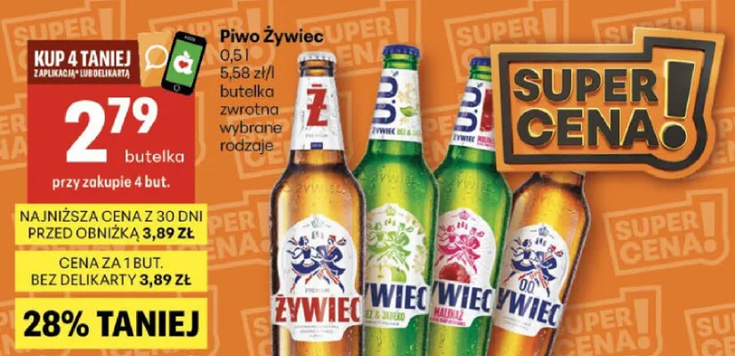 Piwo Żywiec wybrane rodzaje butelka zwrotna promocja w Delikatesy Centrum