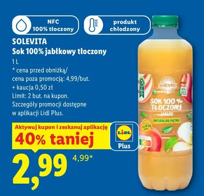 Sok 100% jabłkowy tłoczony Solevita promocja w Lidl