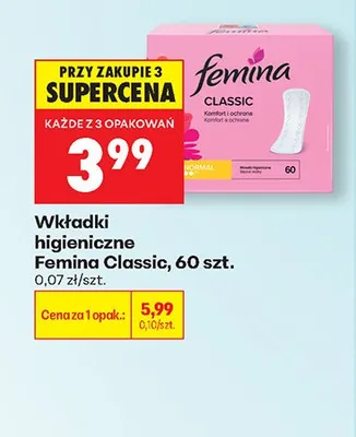 Wkładki higieniczne Femina Classic 60szt. promocja w Biedronka