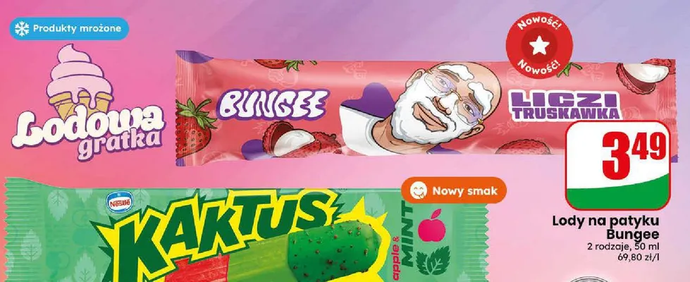 Lody na patyku Lodowa Gratka Bungee liczi truskawka promocja w Dino