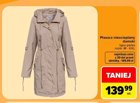 Płaszcz nieocieplany damski typu parka promocja w Carrefour
