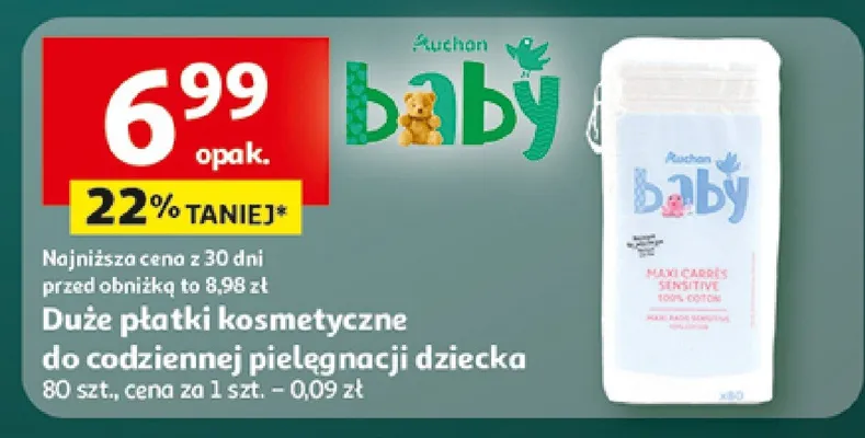 Duże płatki kosmetyczne do codziennej pielęgnacji dziecka promocja w Auchan