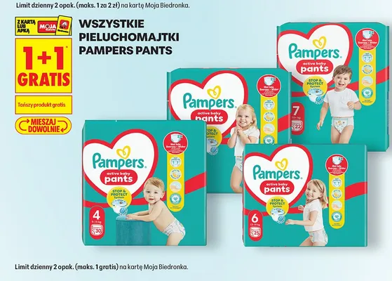 Wszystkie pieluchomajtki Active Baby Pants 1+1 GRATIS Pampers promocja w Biedronka