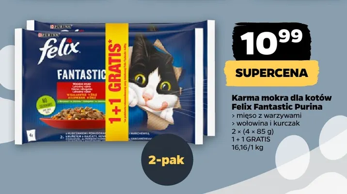 Karma mokra dla kotów Felix Fantastic Purina mięso z warzywami 2-pak promocja w Netto