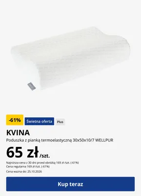 Poduszka z pianką termoelastyczną Kvina 30x50x10/7 cm Wellpur promocja w Jysk