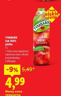 Sok 100% jabłko Tymbark promocja w Lidl