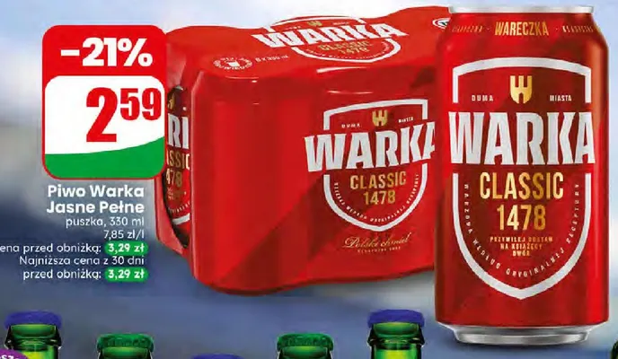 Piwo Warka Jasne Pełne Classic promocja w Dino