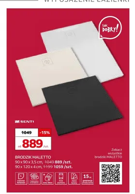 Brodzik prysznicowy Senti Maletto 90x90x3,5 cm promocja w Komfort