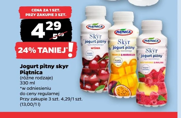 Jogurt pitny skyr nektarynka malina Piątnica promocja w Netto