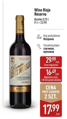 Wino Rioja Reserva czerwone wytrawne hiszpańskie promocja w Aldi