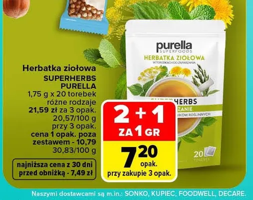 Herbatka ziołowa Superherbs Purella promocja w Carrefour Market