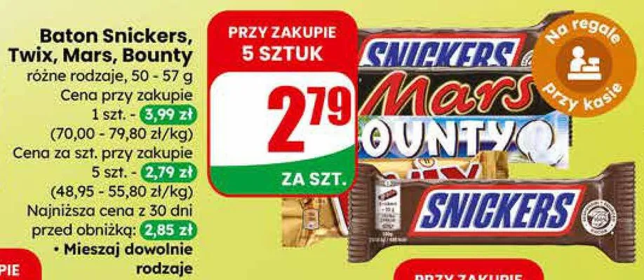 Baton Snickers, Twix, Mars, Bounty różne rodzaje promocja w Dino
