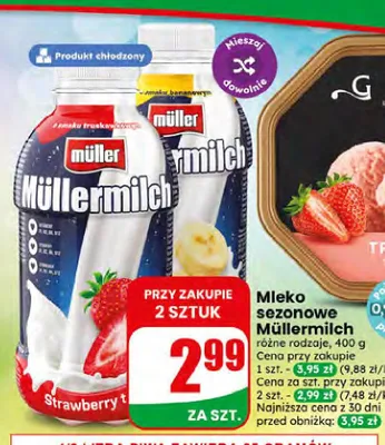 Mleko sezonowe Müllermilch o smaku bananowym promocja w Dino