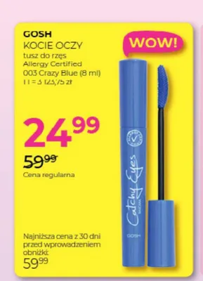 Tusz do rzęs Gosh Kocie Oczy Allergy Certified 003 Crazy Blue promocja w Drogerie Jawa