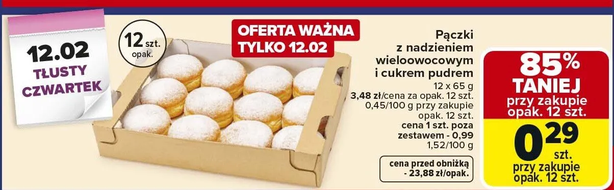Pączki z nadzieniem wieloowocowym i cukrem pudrem promocja w Carrefour