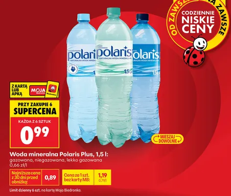 Woda mineralna lekko gazowana Polaris Plus promocja w Biedronka