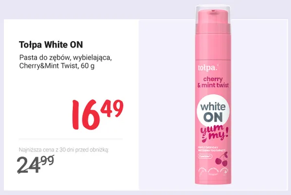 Pasta do zębów wybielająca Cherry & Mint Twist Tołpa White ON promocja w Rossmann