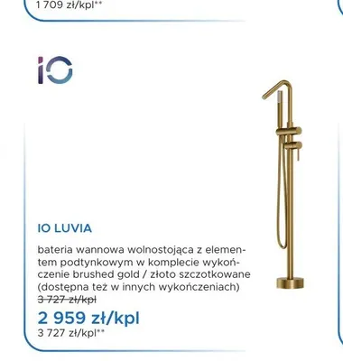 Bateria wannowa wolnostojąca Io Luvia brushed gold złoto szczotkowane promocja w Blu Salony Łazienek