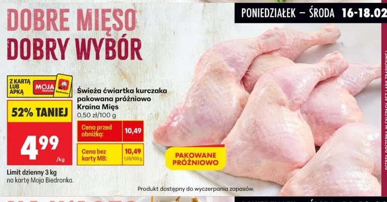Świeża ćwiartka kurczaka pakowana próżniowo  promocja w Biedronka
